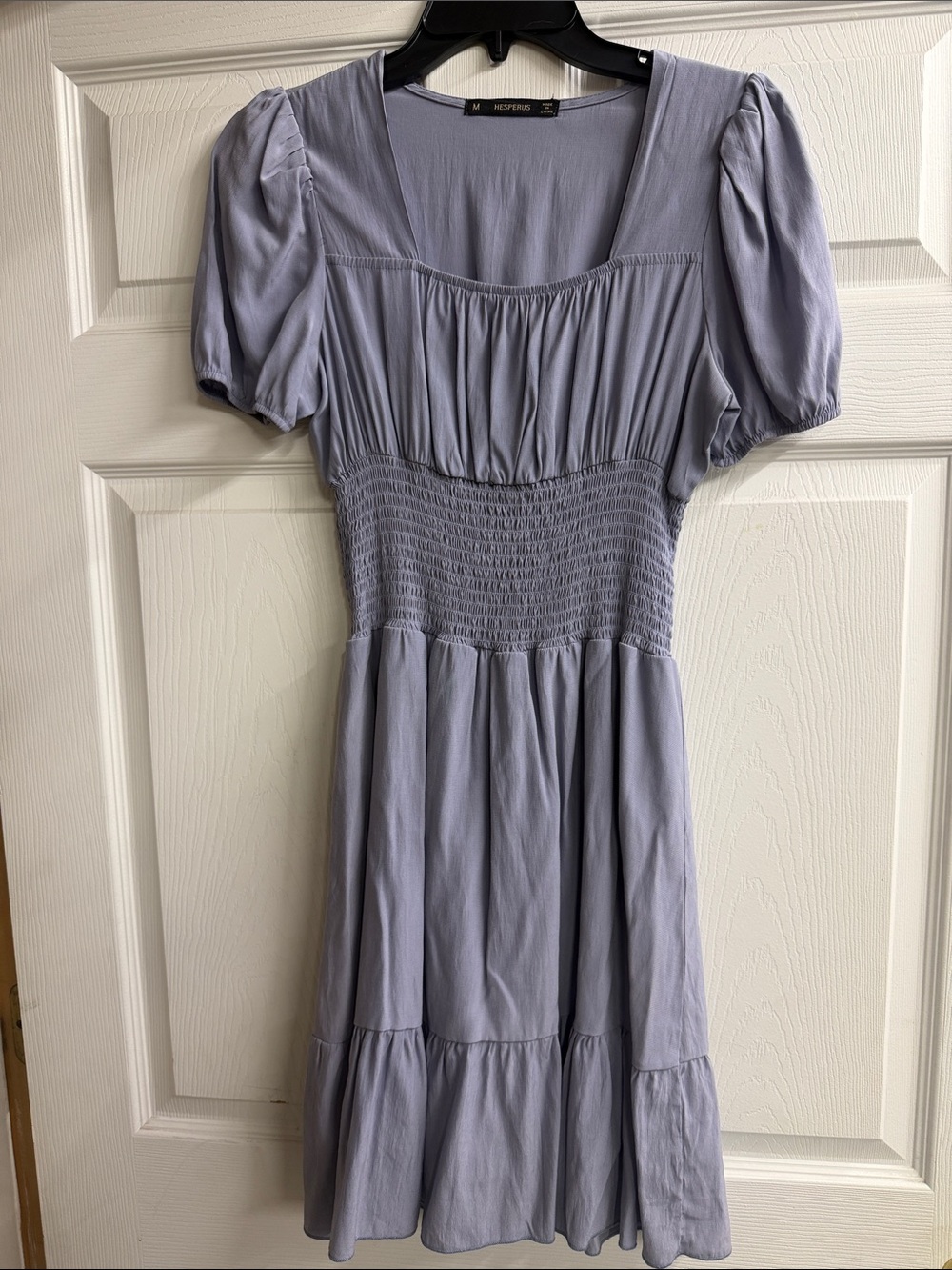 Smocked Waist Puff-Sleeve Midi Dress in Lavender